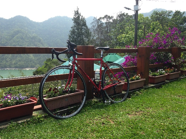 Left side view of a red Surly bike, leaning on a wood fence with flower boxes below, with mountains in the background