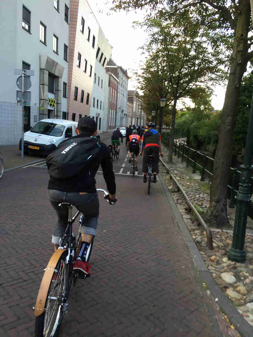 Rear view of cyclists riding down a brick street, along a row of buildings on right, and trees with light poles on left