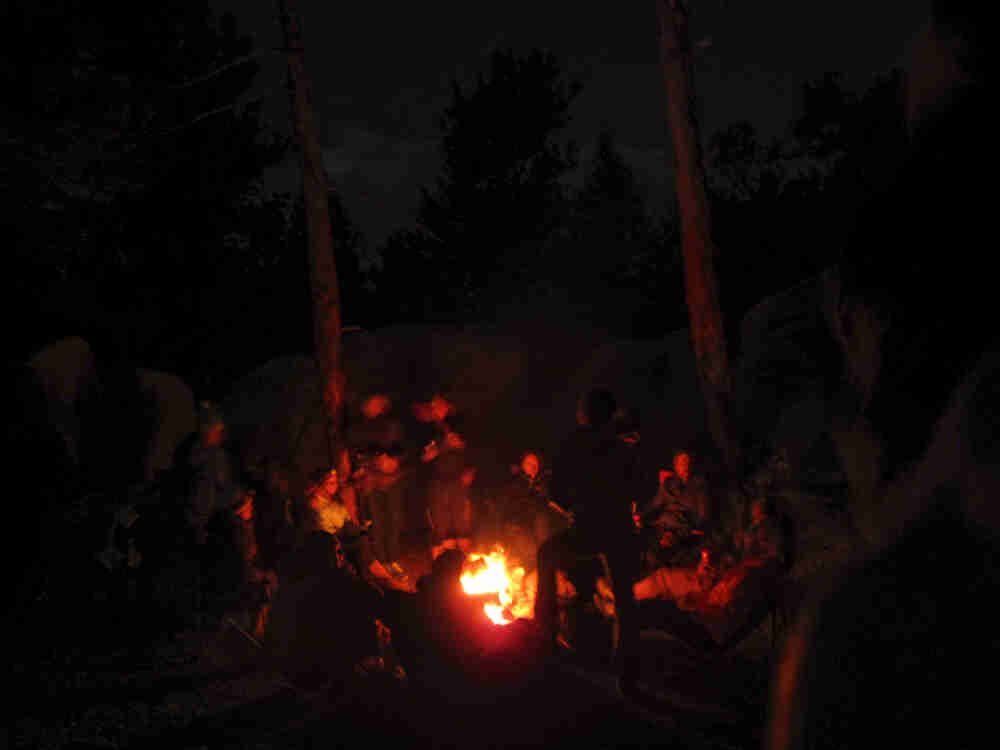 People gathered around a campfire, in the forest, at nighttime