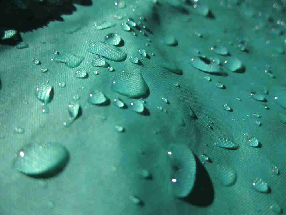 Close up view of water beads on green tent fabric