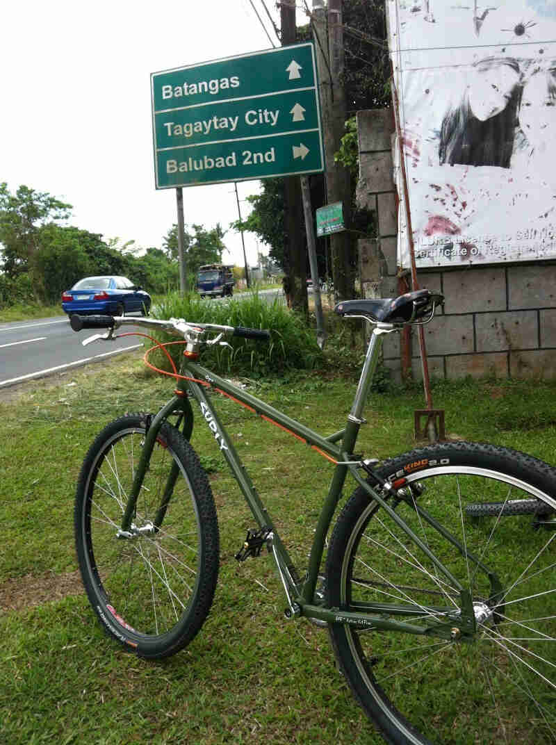 Rear, left side view of a green Surly Ogre bike, parked on grass in front of a sign, facing a paved road