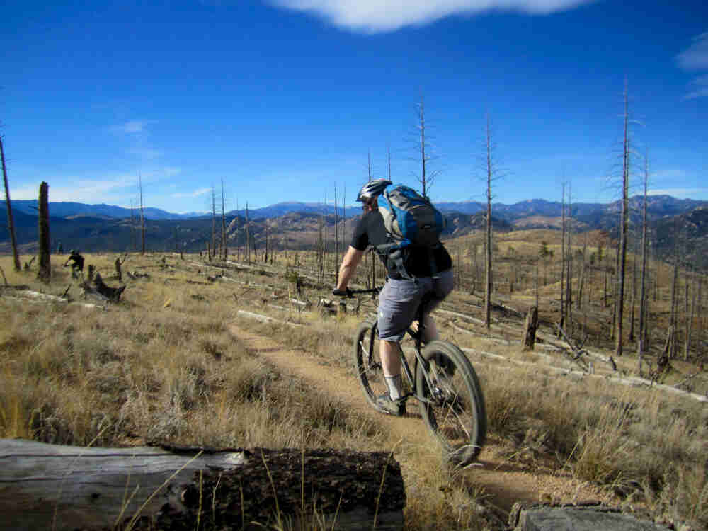 Rear view of a cyclist riding down a dirt trail, in a grass field with leafless trees, and hills in the background