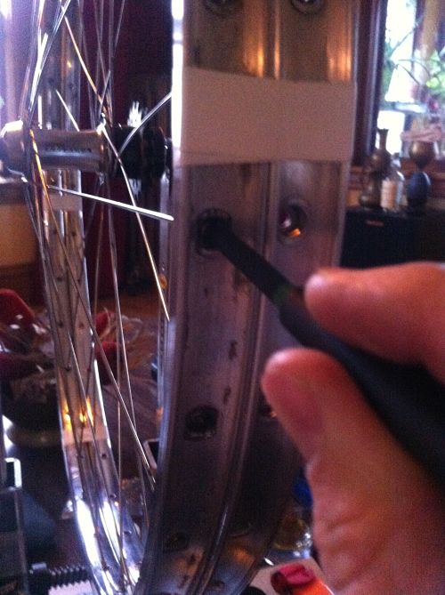 Close up view of a person's fingers, holding a screwdriver, tightening the spokes on a bike rim