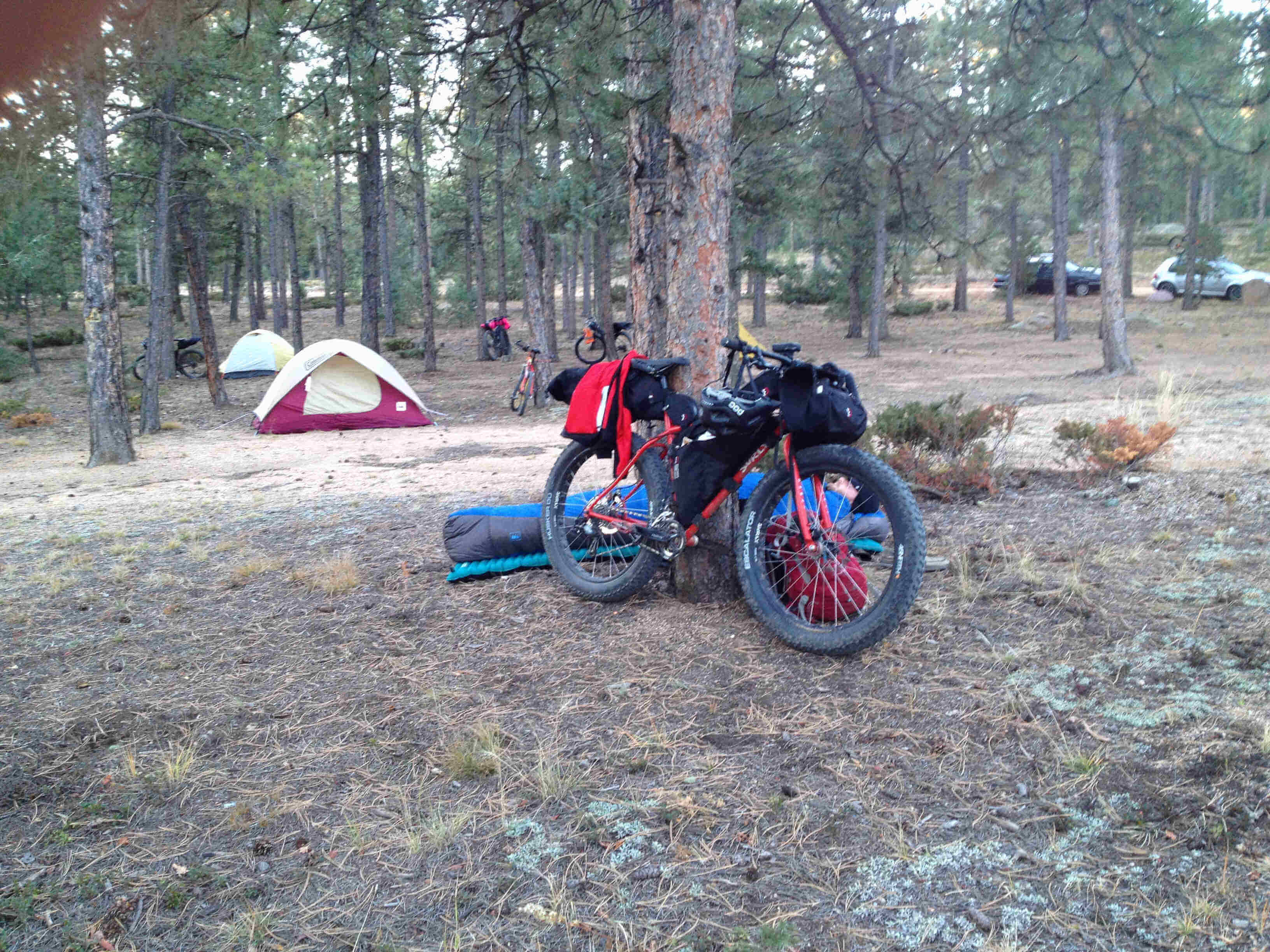 Right side view of a red Surly fat bike with gear, leaning against a tree in a forest, with tents set up behind it