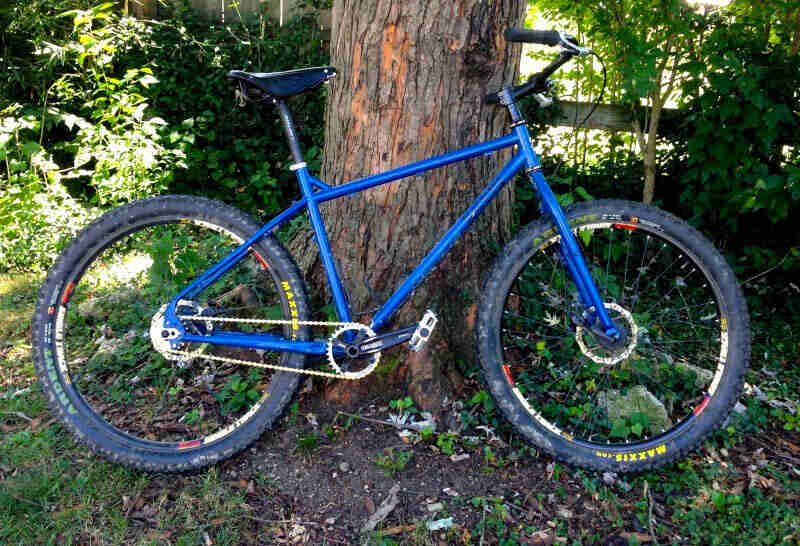Right side view of a blue Surly bike, parked in front of a tree base, with weeds in the background