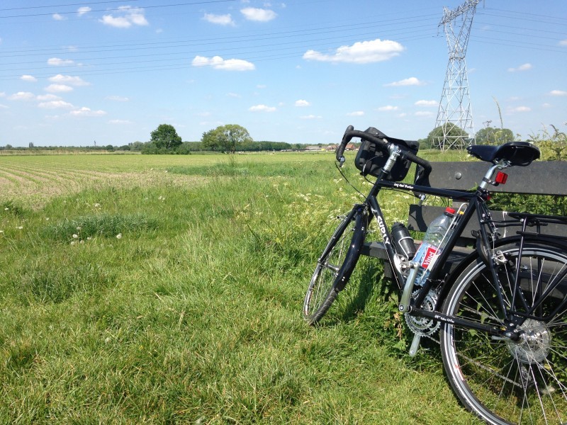 Rear, left side view of a black Surly Long Haul Trucker bike, parked along a park bench, in a green grass field