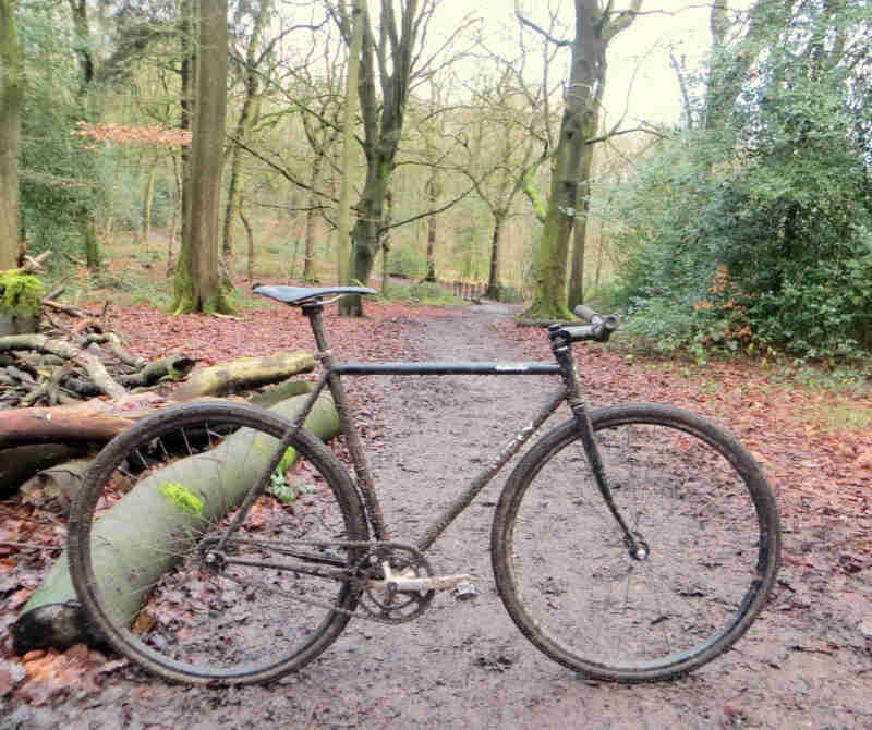 Right side view of a muddy, black Surly bike, parked across a muddy trail in the woods