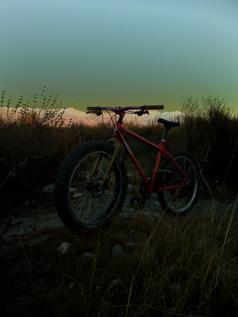 Left side view of a red Surly bike with front fat wheel, on a rock mound in a grass field with mountains behind