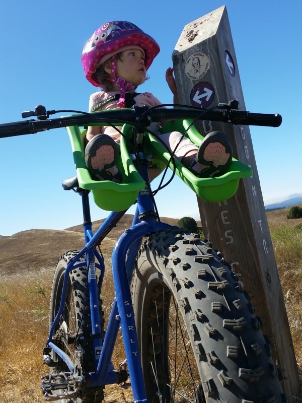 Front view of a child, sitting in a front seat, on a blue Surly fat bike, leaning on a post in a field of brown grass