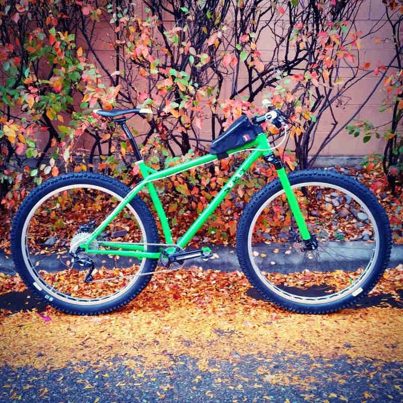 Right side view of a fluorescent green Surly bike, parked in front of bushes with changing leaves
