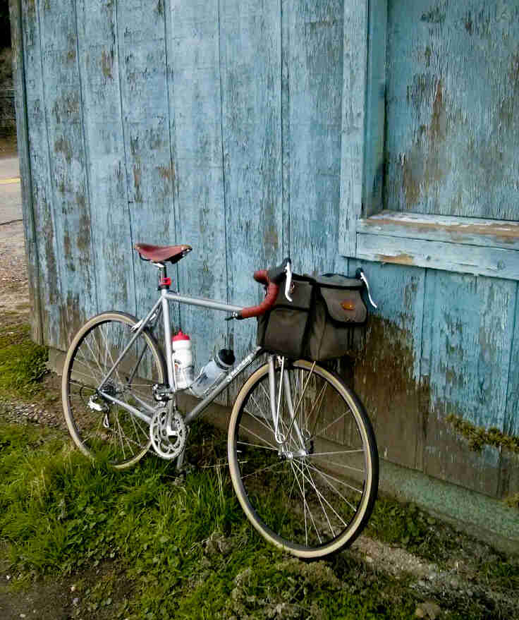 Right side view of a silver Surly bike standing in grass and leaning on a blue, wood building