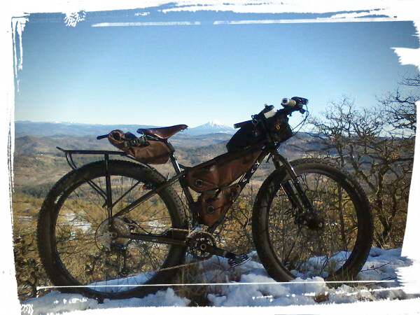 Right side view of a black Surly fat bike, parked in the snow, next to a brushy field, with mountains in the background