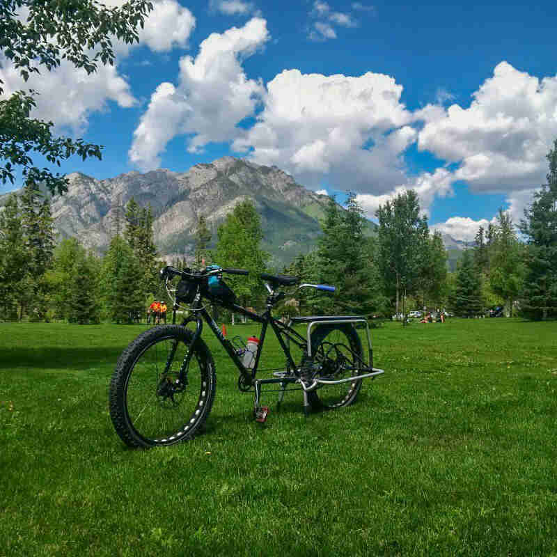 A Surly Big Fat Dummy bike, parked in a grass field, with mountains in the background