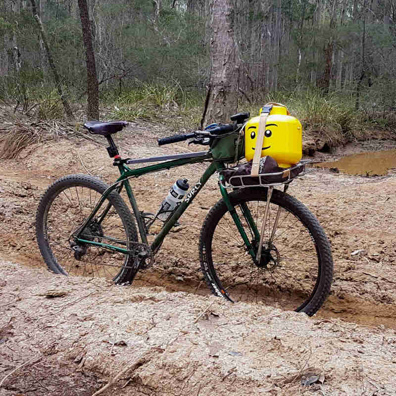 Right side view of a green Surly bike in a deep rut on a muddy road, with trees in the background