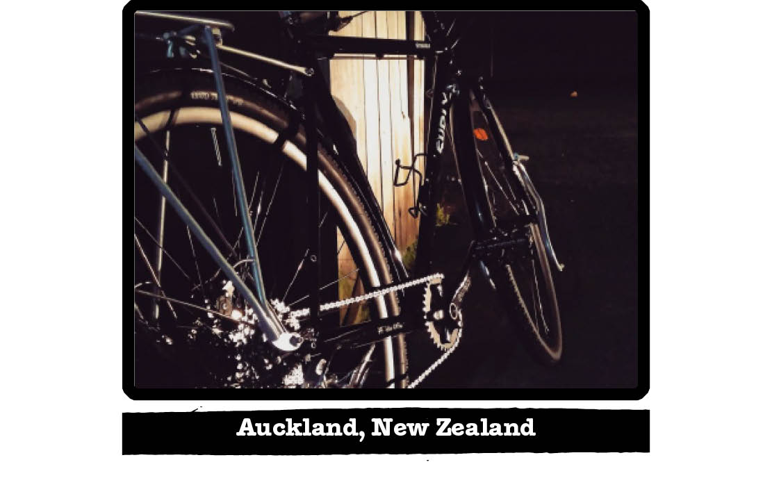Right side rear view of a Surly bike leaning on a wall at night - Auckland, New Zealand tag below image