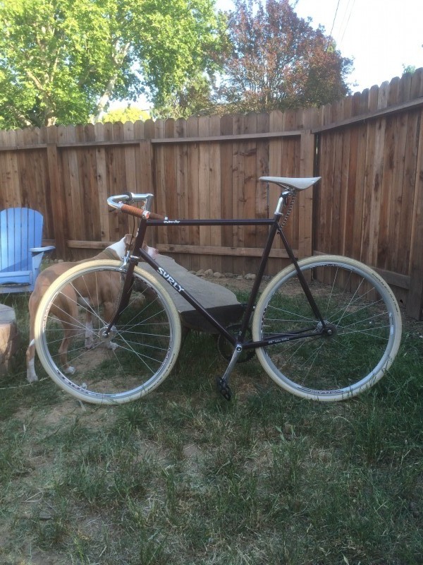 Left side view of a dark color Surly Steamroller bike with white tires, parked on grass in front of a dog and wood fence