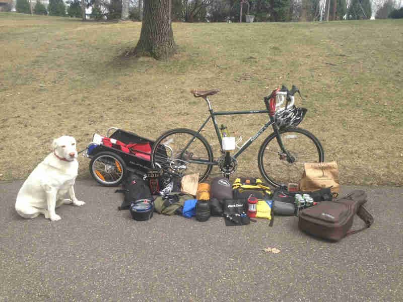 Right side view of a black Surly bike with a trailer, on a paved trail, with gear in front of the wheels, and a dog