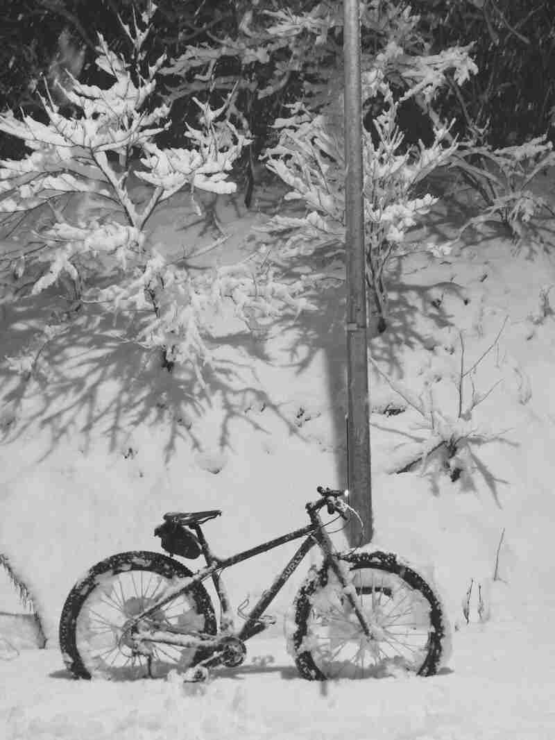 Right side view of a Surly fat bike, parked in deep snow, at the bottom of a snowy hill with trees - black & white image