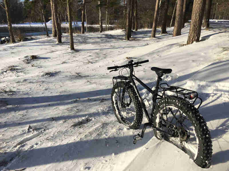 Rear left view of a black Surly fat bike in snow with trees and a lake ahead