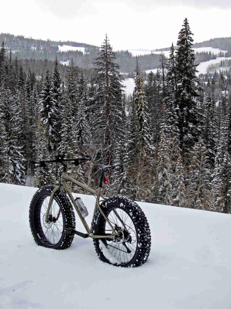 Left rear view of a tan Surly fat bike, parked in deep snow on a hill top, with snowy pines in the background