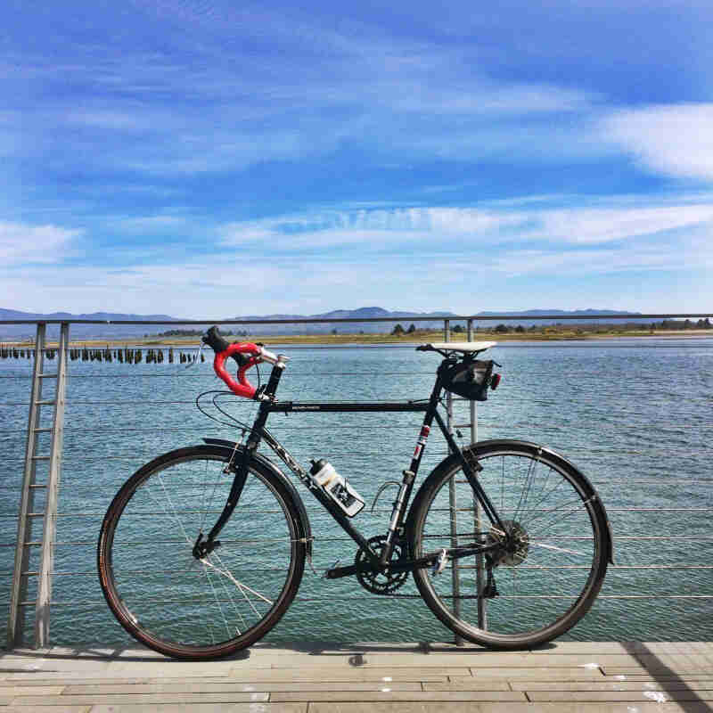 Left profile of a black Surly bike, parked on a bridge, across the rail, with a lake and mountains in the background