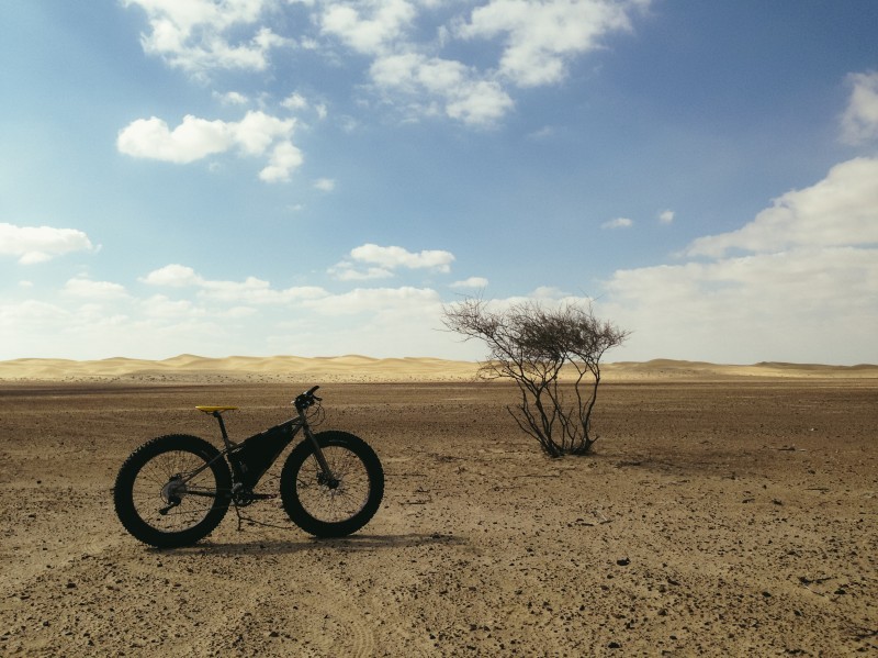 Right side view of a Surly fat bike with a frame bag, on a flat desert with a lone bush, with hills in the background