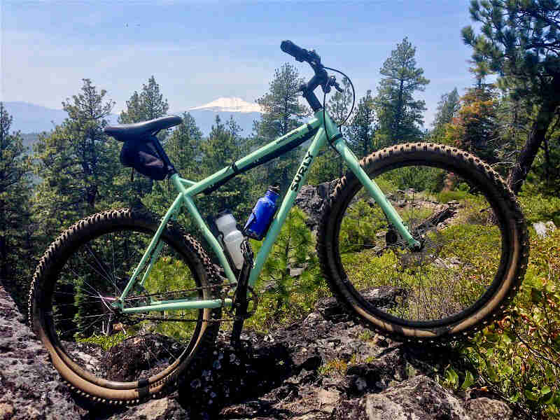 Right side view of a mint green Surly bike parked on a rocky hilltop, with trees and mountains in the background