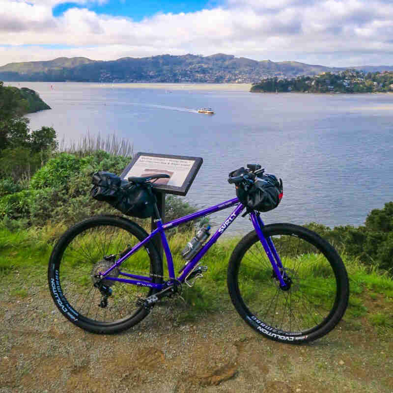 Right side view of a purple Surly bike leaning on a post on gravel, with a lake and mountain hills in the background