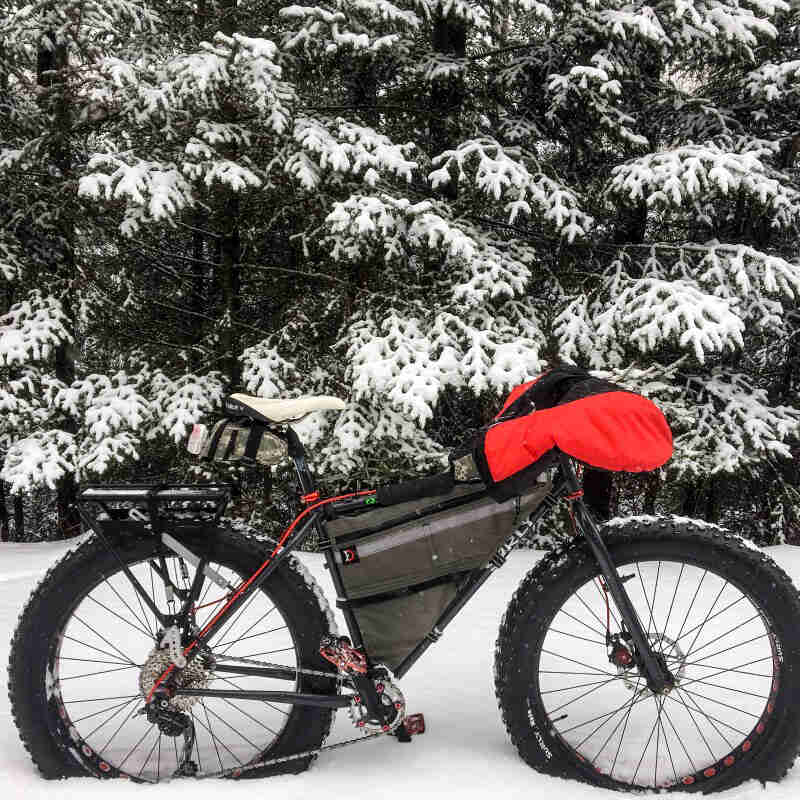Right profile of a Surly fat bike loaded with gear, standing in the snow, with snowy pines in the background