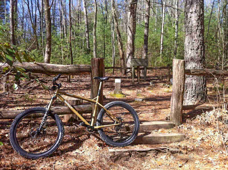 Left side view of a Surly Instigator bike, parked in front of a log fence, with a campsite in a forest clearing , behind