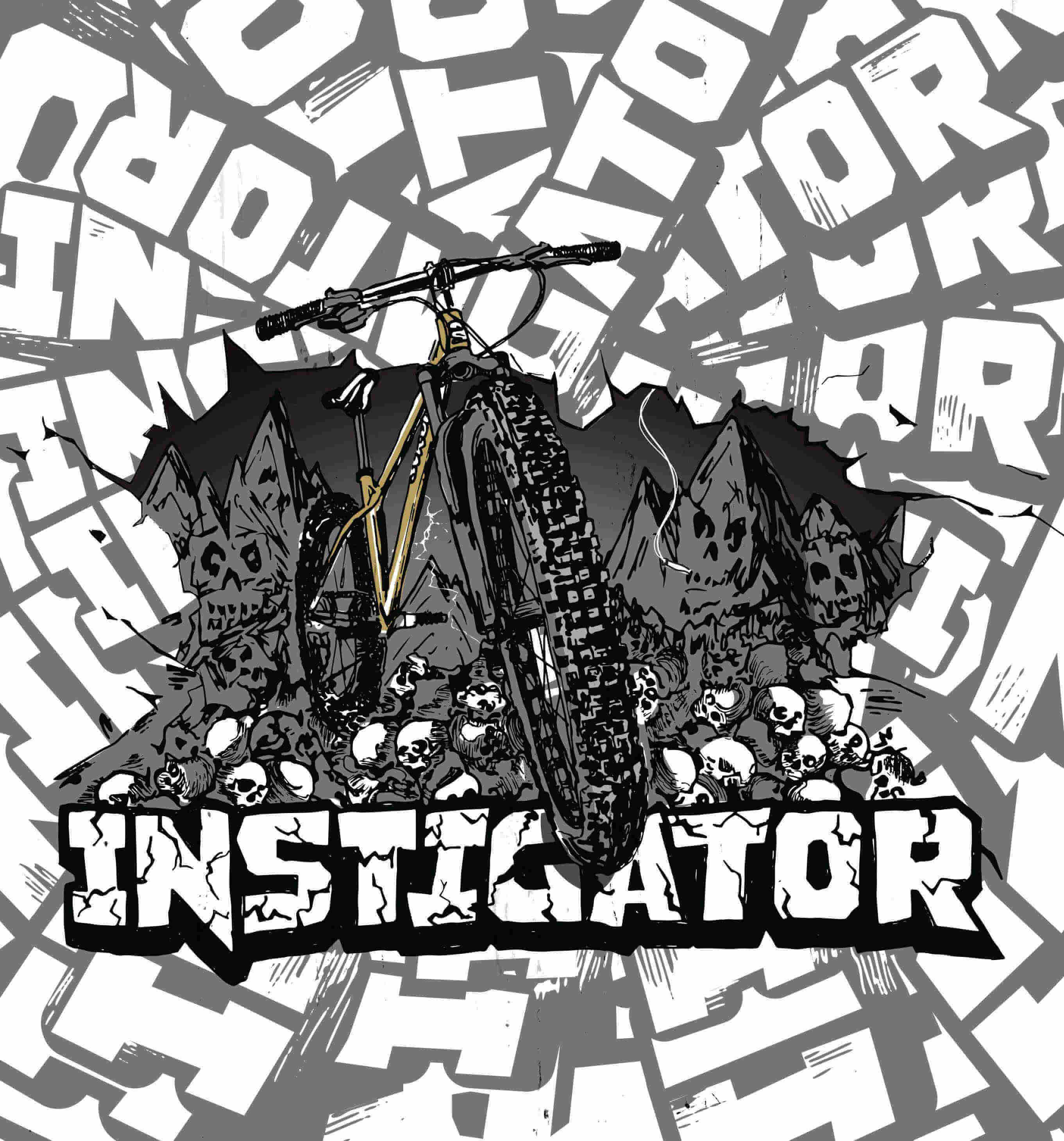 Graphic illustration a front view of a bike breaking through a wall, with the word, Instigator in block letters, below
