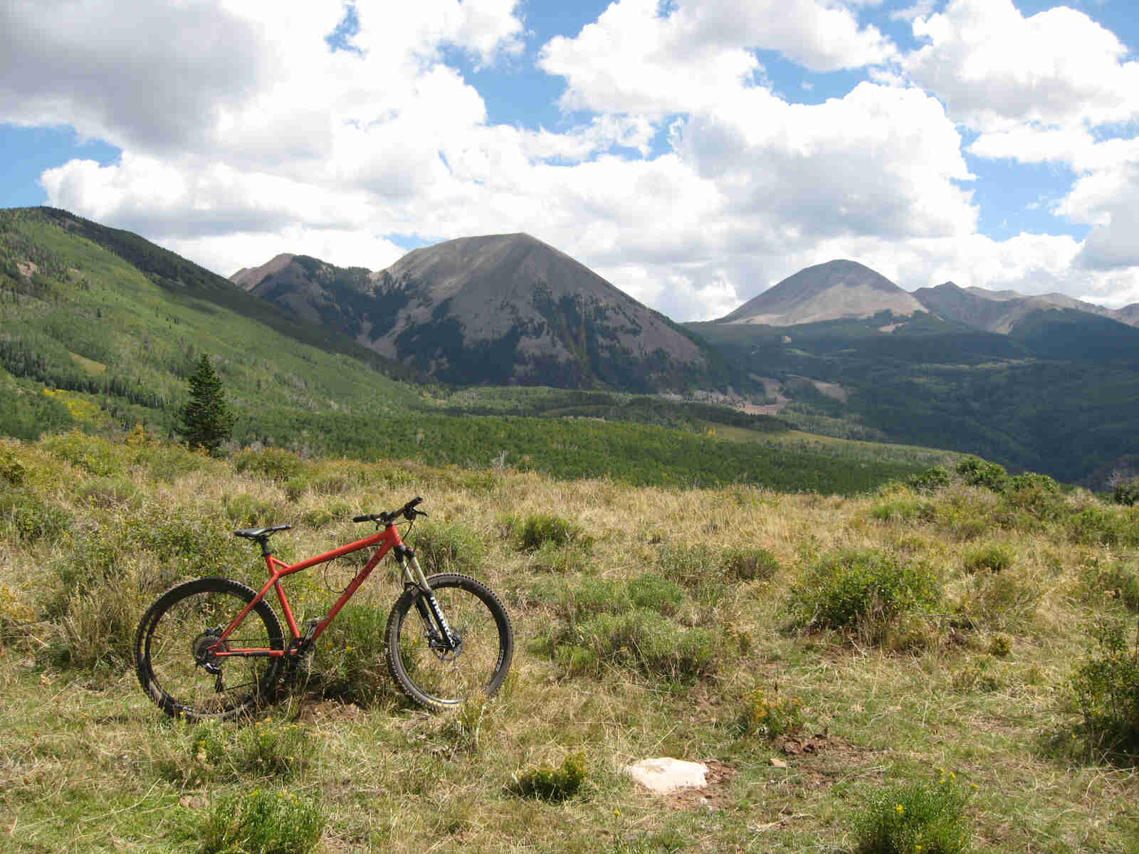 Right side view of a red Surly Instigator bike, on a grass field with small bushes, and mountains in the background