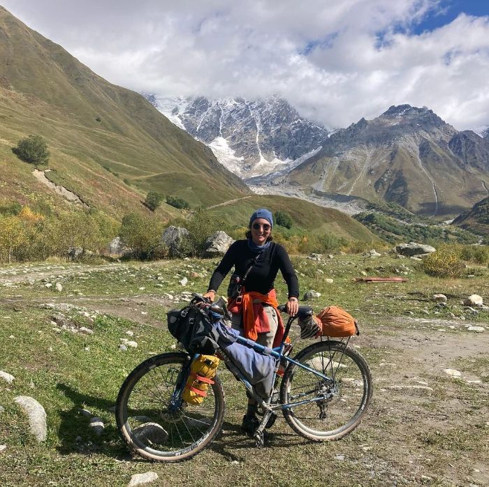 Isabel in the Mountains with her Surly Ogre