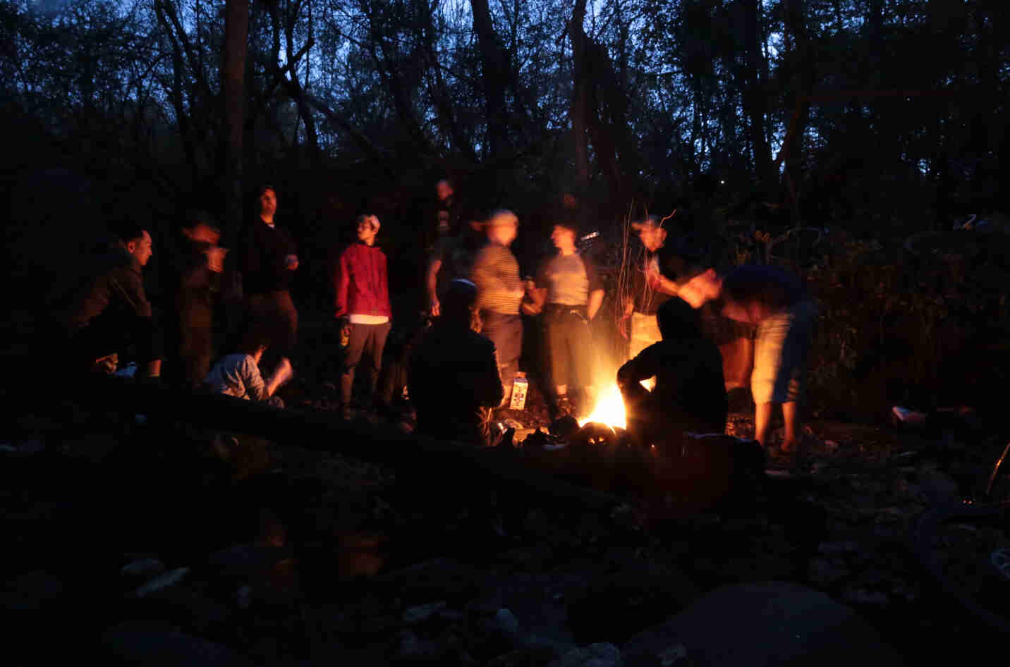 A group of people gathered around a campfire in the woods at night