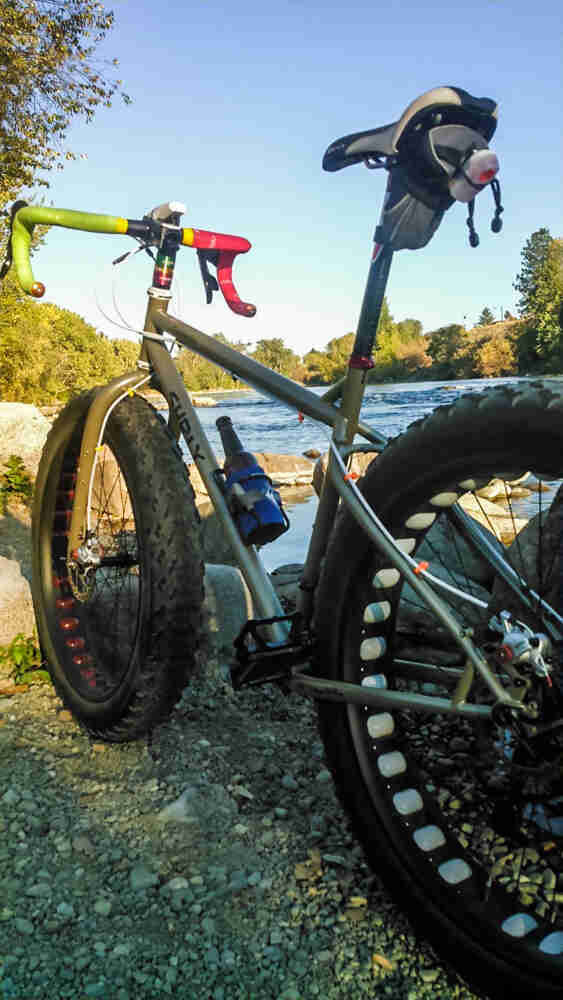 Rear view of an olive green Surly fat bike, parked along a rock lakeshore with a lake and trees in the background