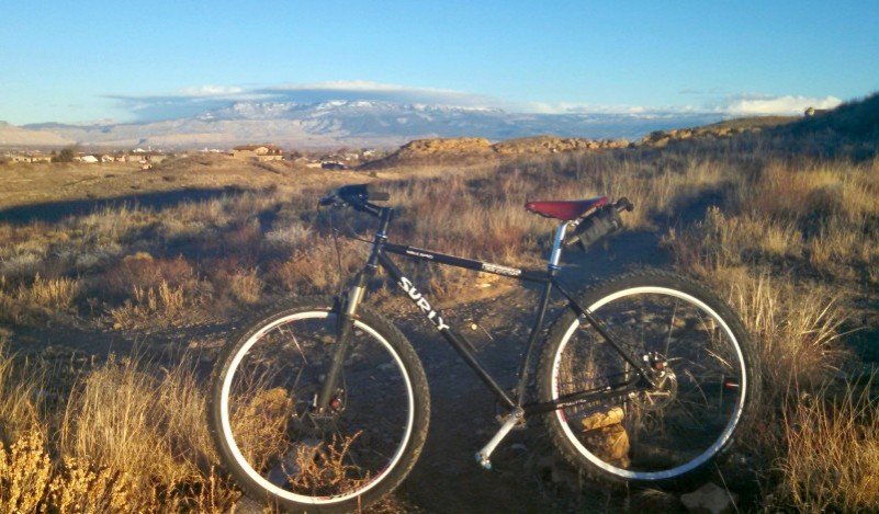 Left side view of a black Surly Karate Monkey bike, parked in a prairie grass field, with mountains in the background