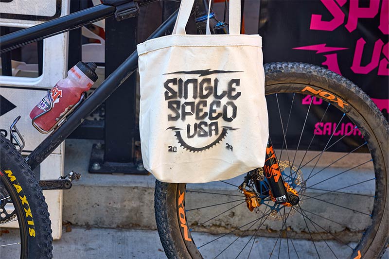 Single Speed USA tote bag hanging from handlebar