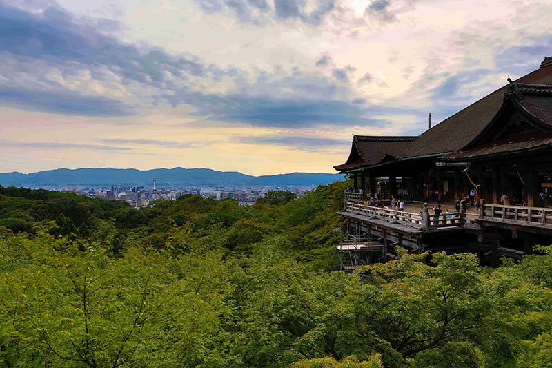 Front, side view of a Japanese, pagoda roof building, set above a green forest, with a city and hills in the background