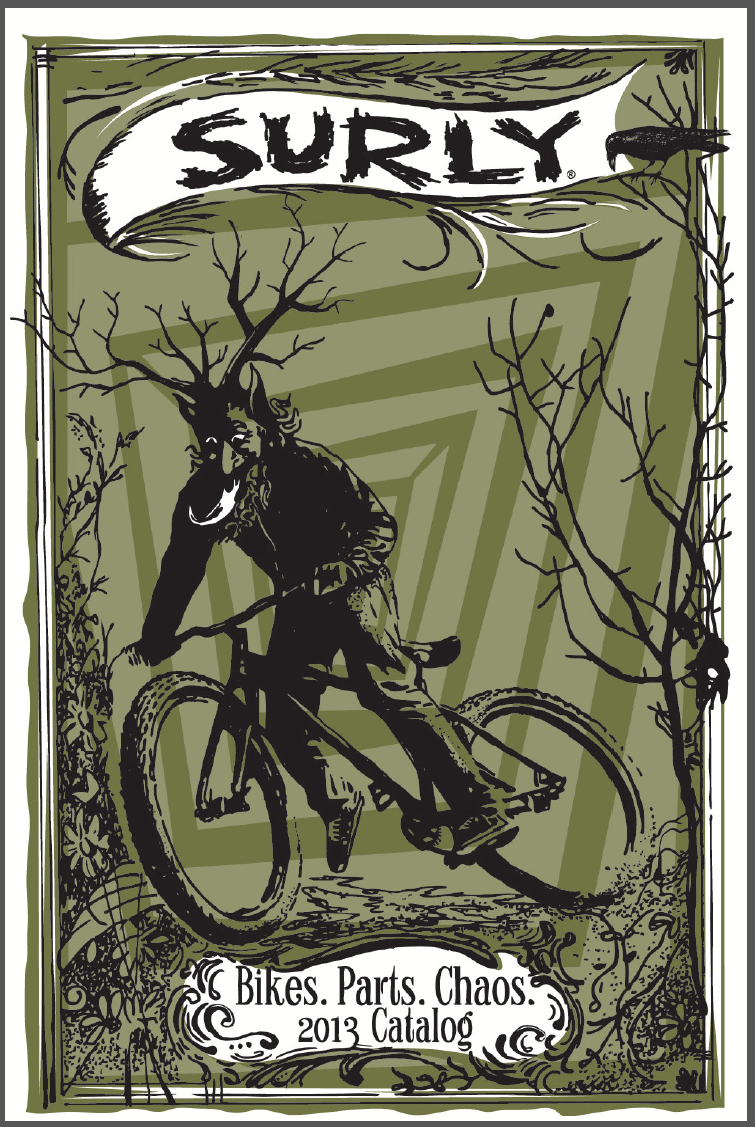 Color illustrated graphic of a Surly bikes catalog, showing a Krampus character, riding a bike in the woods