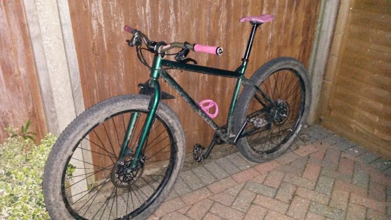 Left side view of a green Surly Krampus with pink grips and seat, parked on a brick patio against a wood wall