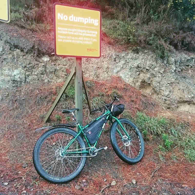 Rear, right side view of a green Surly Krampus bike with frame bag, parked in front of a No Dumping sign