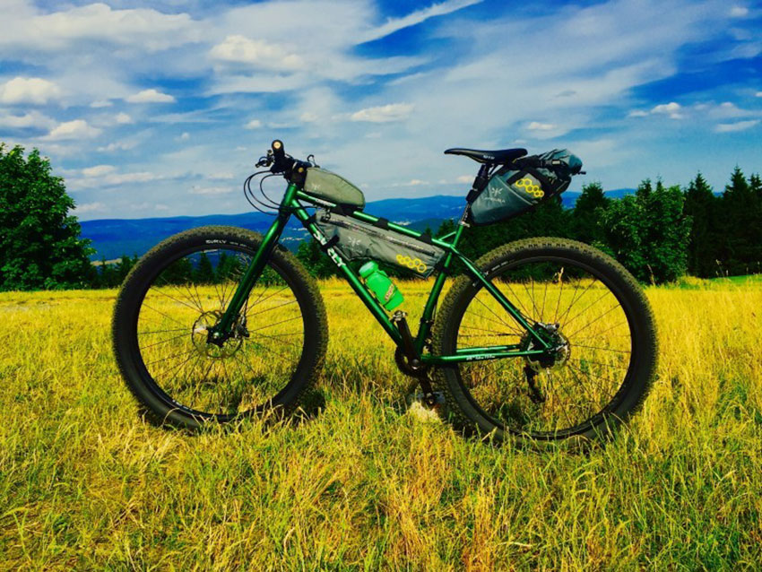 Left profile of a Surly Krampus bike, green, parked in a grass field, with pine trees and hills in the background