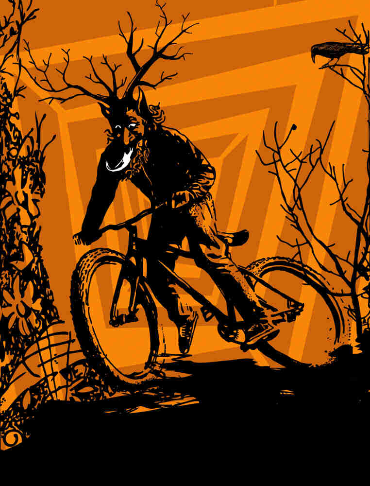 Graphic illustration of a Krampus cyclist, riding a bike - orange background