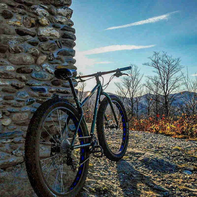 Rear, right side view of a green Surly Krampus bike, leaning on a stone wall and facing trees and a mountain range