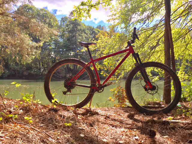 Ride profile of a Surly Krampus bike, red, parked on pine needles, on the bank of a river