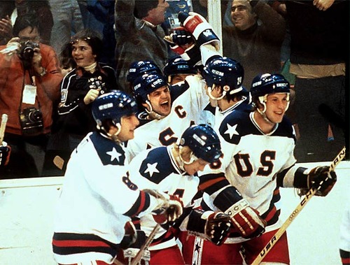 The 1980 US Hockey team, celebrating