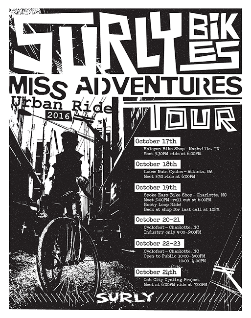 Poster board for the Surly Bikes Miss Adventures Urban Ride 2016 - Showing dates - black and white design