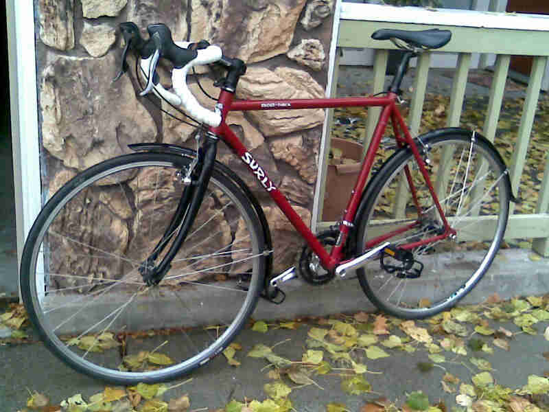 Left side view of a Surly Cross Check bike, red, parked on a sidewalk with leaves, in front of a stone wall
