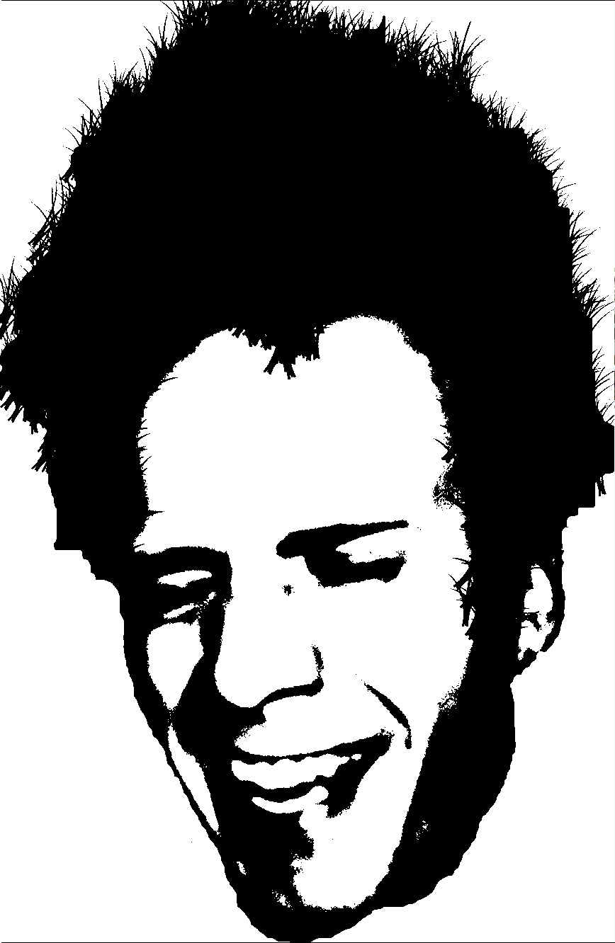 Black & white, rendered graphic -  headshot of a person smiling