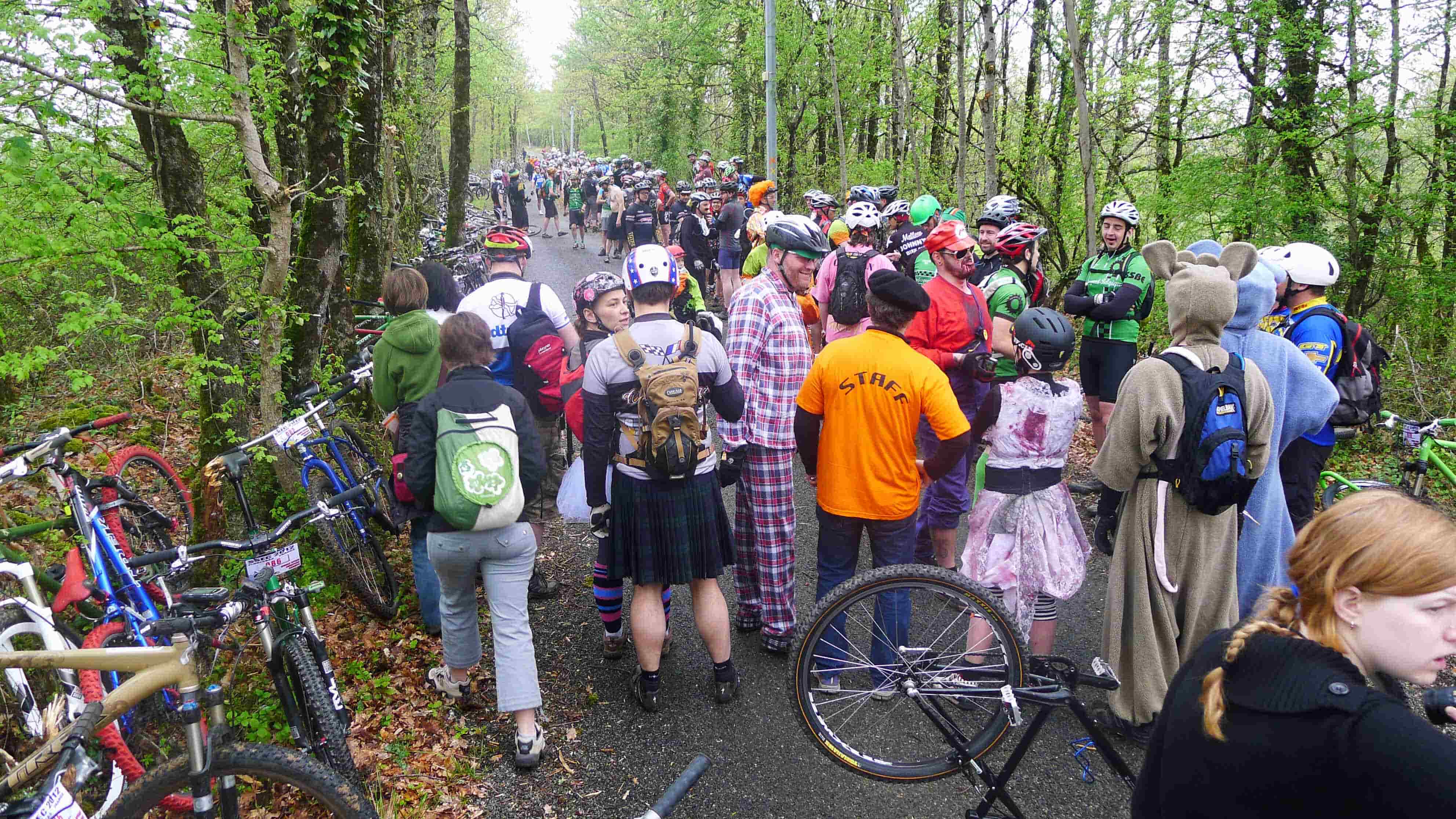 Straight-away view of a paved trail in the woods, with a large group cyclists standing all along it